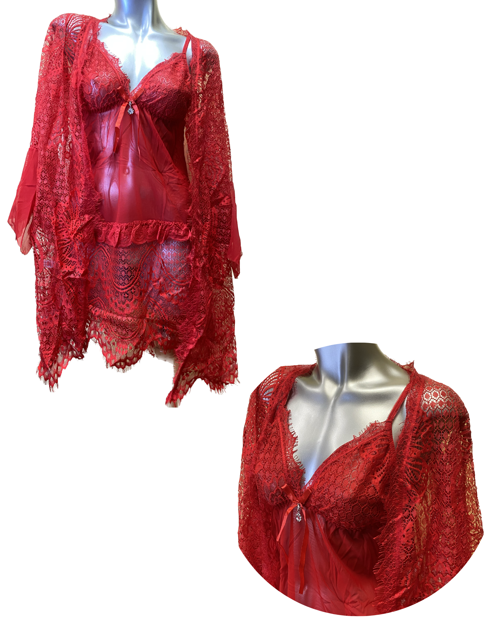 Cami Lace Nightdress Set With Chiffon - Flared Sleeves (One size:Set)