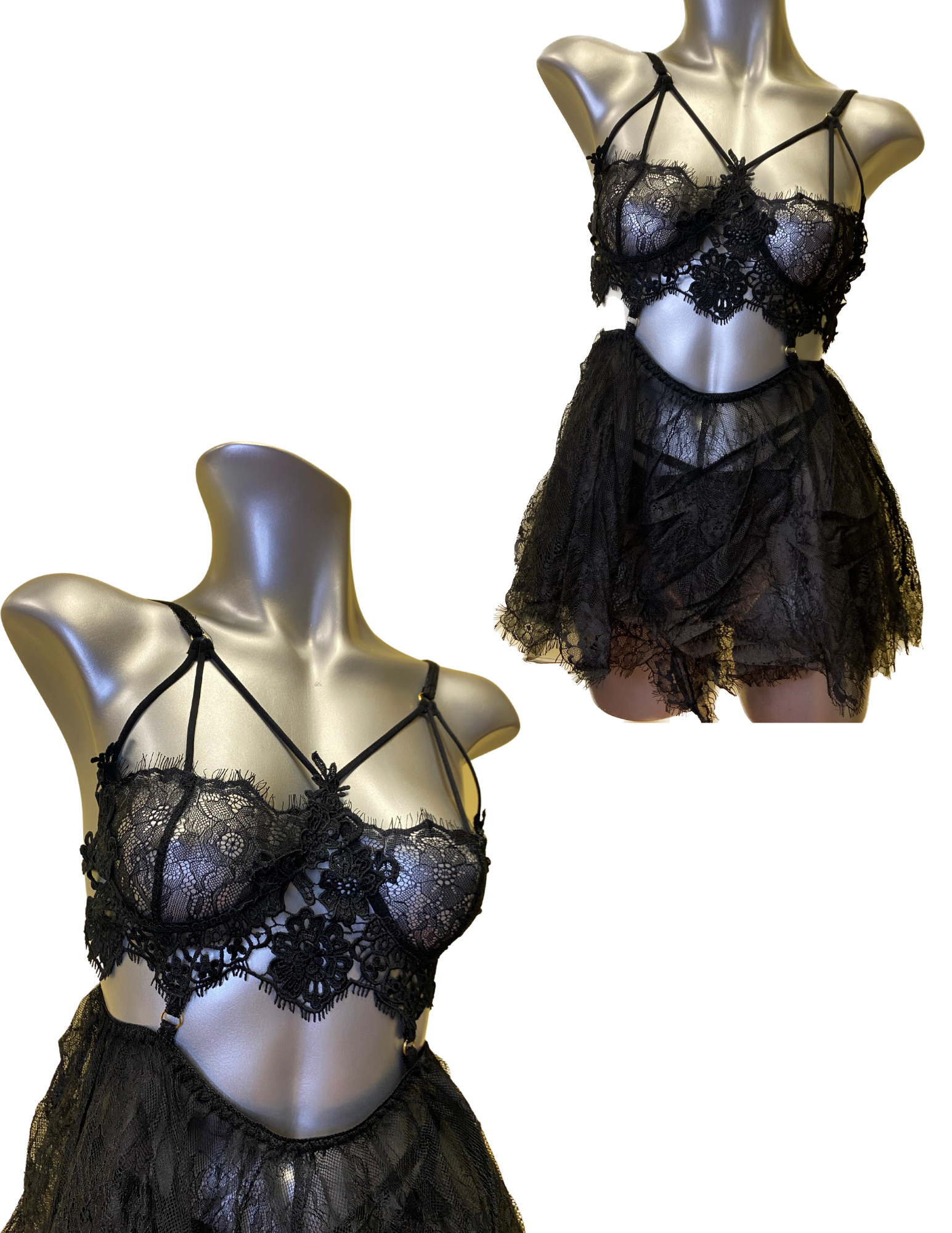 Lace Two-Piece Dress Open Belly - See-through (One size:Set)